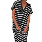 Women's V-Neck Striped Split Lapel Long Sweater Dress