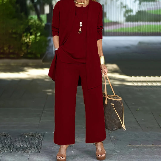 💎 50% OFF! 💎 Elegant Women's Relaxed Fit 3-Piece Set – Minimalist Wide-Leg Pants, Cardigan & Top in Luxe Stretch Fabric 🌟👚