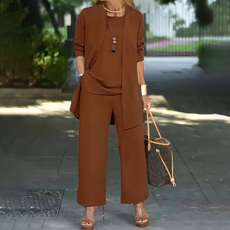 💎 50% OFF! 💎 Elegant Women's Relaxed Fit 3-Piece Set – Minimalist Wide-Leg Pants, Cardigan & Top in Luxe Stretch Fabric 🌟👚
