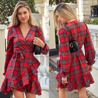 Women’s Stylish V-Neck Plaid Print Dress