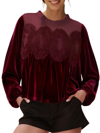 🎅 HOLIDAY HAUL SALE✨Women's Long Sleeve Velvet Trim Lace Blouse Elegant Flared Swing Top