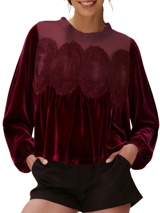 🎅 HOLIDAY HAUL SALE✨Women's Long Sleeve Velvet Trim Lace Blouse Elegant Flared Swing Top