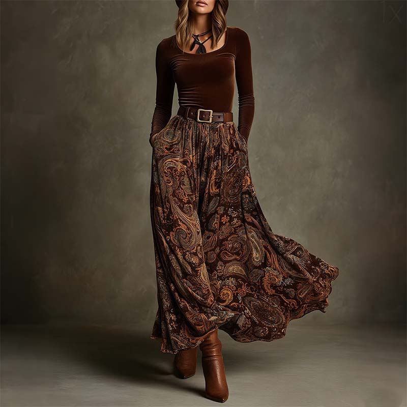 Women's Stylish Top & Printed Maxi Skirt 2-Piece Set