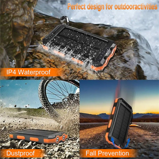 Sudrov 20000mAh Solar Power Bank Suitable for All Mobile Devices, Features Dual Flashlights, Carabiner, and Thermometer