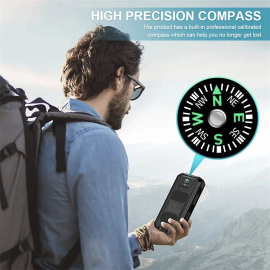 Sudrov 20000mAh Solar Power Bank Suitable for All Mobile Devices, Features Dual Flashlights, Carabiner, and Thermometer