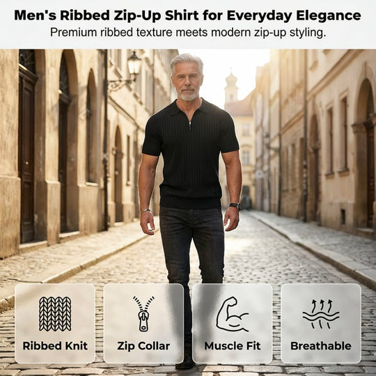 Men's Short Sleeve Ribbed Knit Zip-Up Shirt