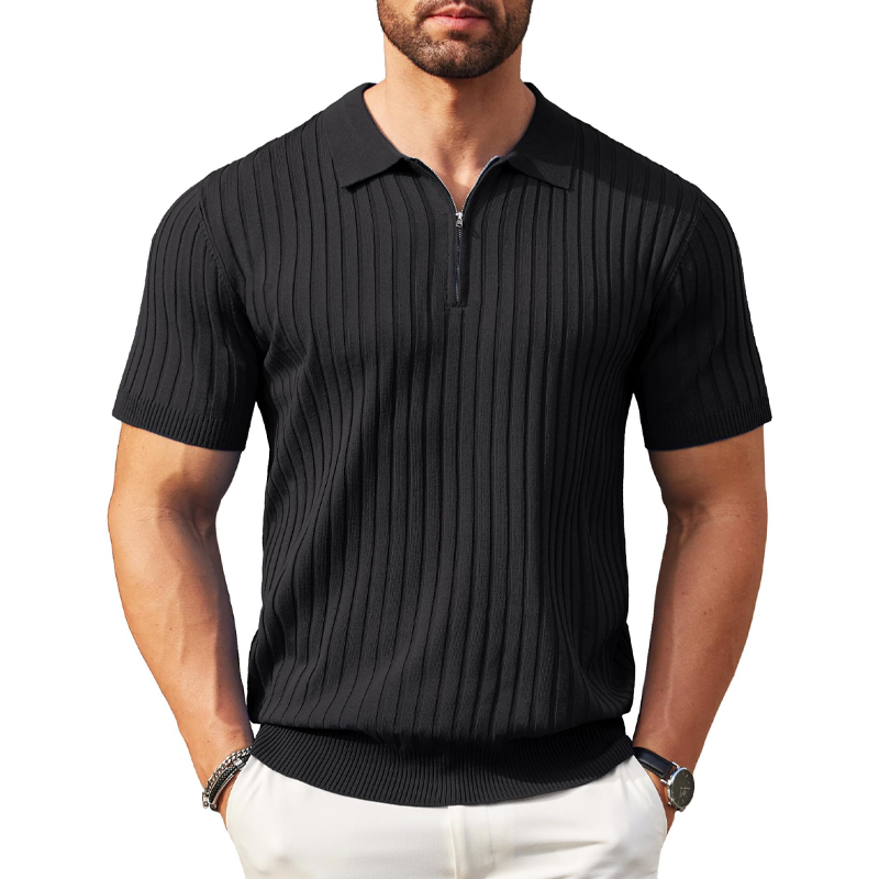 Men's Short Sleeve Ribbed Knit Zip-Up Shirt