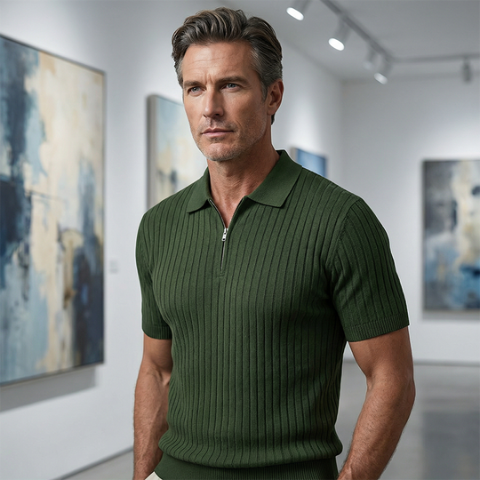 Men's Short Sleeve Ribbed Knit Zip-Up Shirt
