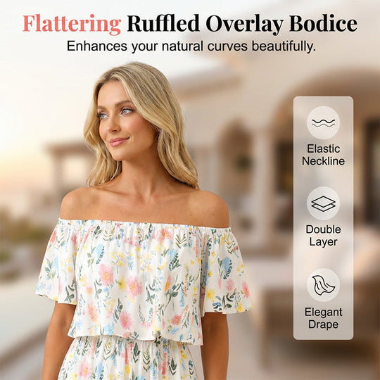 Women's Off The Shoulder Dress Wedding Guest Dress Summer Casual Long Ruffle Party Side Split Beach Maxi Dresses with Pockets