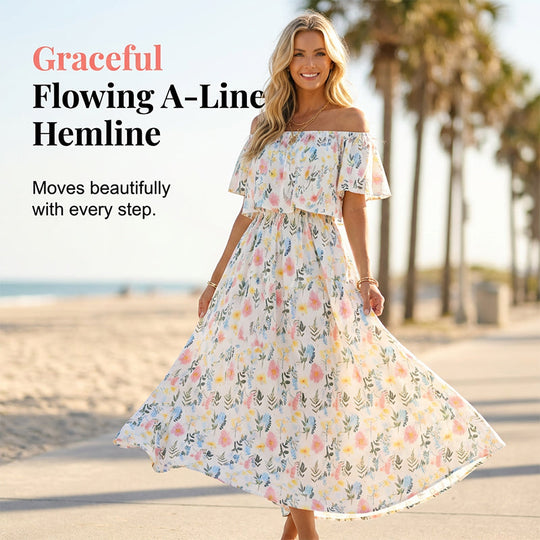 Women's Off The Shoulder Dress Wedding Guest Dress Summer Casual Long Ruffle Party Side Split Beach Maxi Dresses with Pockets