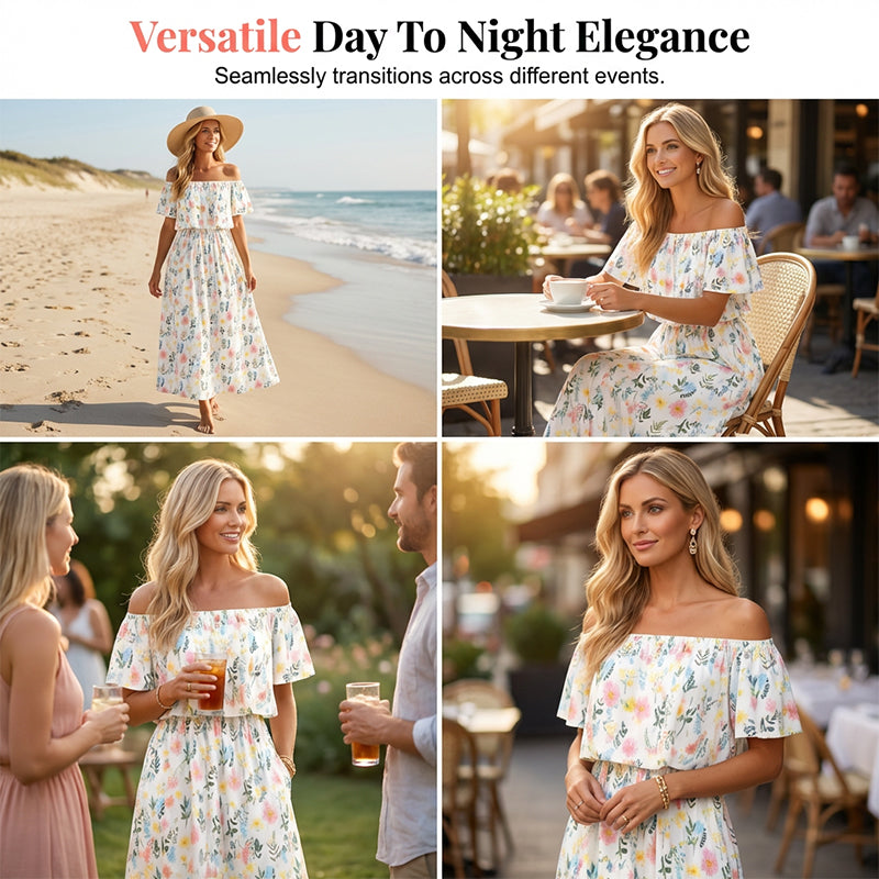 Women's Off The Shoulder Dress Wedding Guest Dress Summer Casual Long Ruffle Party Side Split Beach Maxi Dresses with Pockets