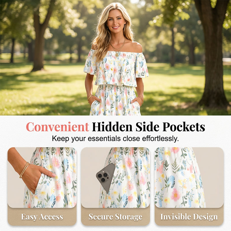 Women's Off The Shoulder Dress Wedding Guest Dress Summer Casual Long Ruffle Party Side Split Beach Maxi Dresses with Pockets