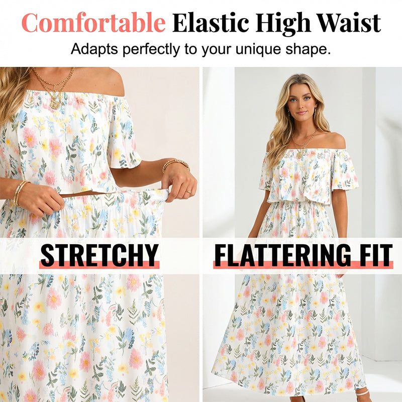 Women's Off The Shoulder Dress Wedding Guest Dress Summer Casual Long Ruffle Party Side Split Beach Maxi Dresses with Pockets