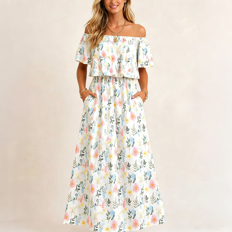 Women's Off The Shoulder Dress Wedding Guest Dress Summer Casual Long Ruffle Party Side Split Beach Maxi Dresses with Pockets