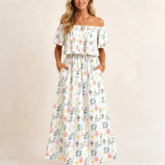 Women's Off The Shoulder Dress Wedding Guest Dress Summer Casual Long Ruffle Party Side Split Beach Maxi Dresses with Pockets