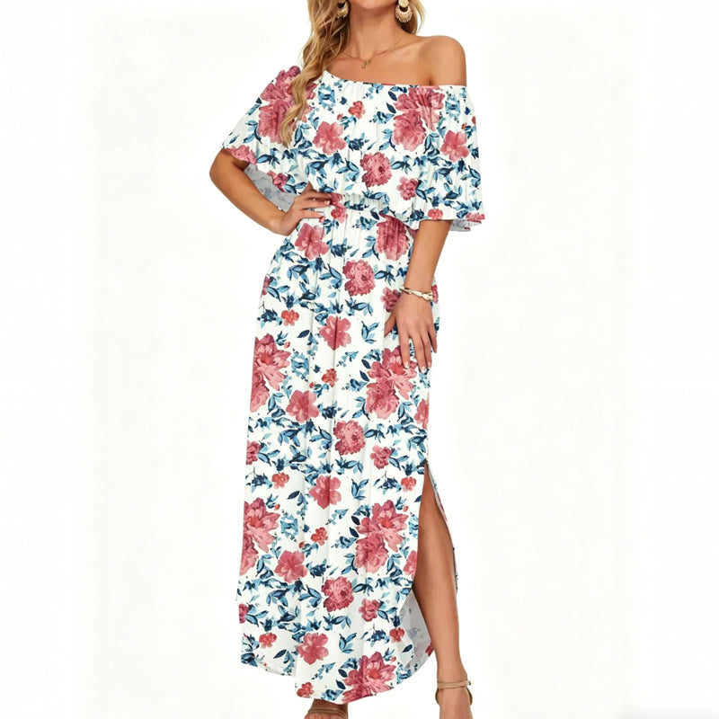 Women's Off The Shoulder Dress Wedding Guest Dress Summer Casual Long Ruffle Party Side Split Beach Maxi Dresses with Pockets