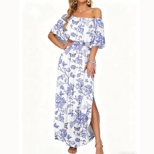 Women's Off The Shoulder Dress Wedding Guest Dress Summer Casual Long Ruffle Party Side Split Beach Maxi Dresses with Pockets