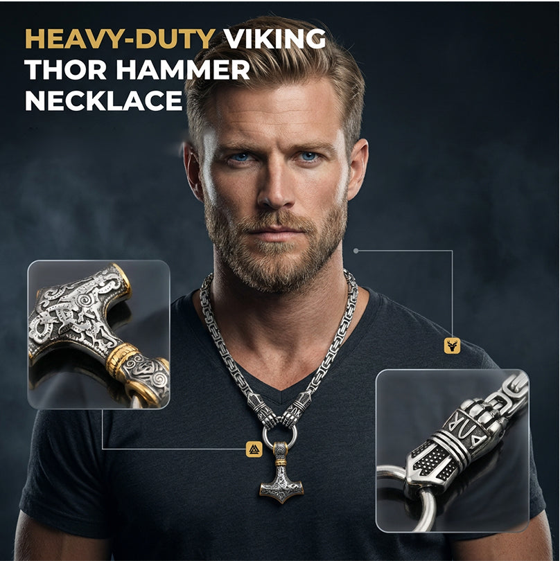 🎉 2026 Sale — Over 51,000 Sold! ⚡ Viking Thor Hammer Pendant Necklace – Stainless Steel Byzantine Chain 🛡️