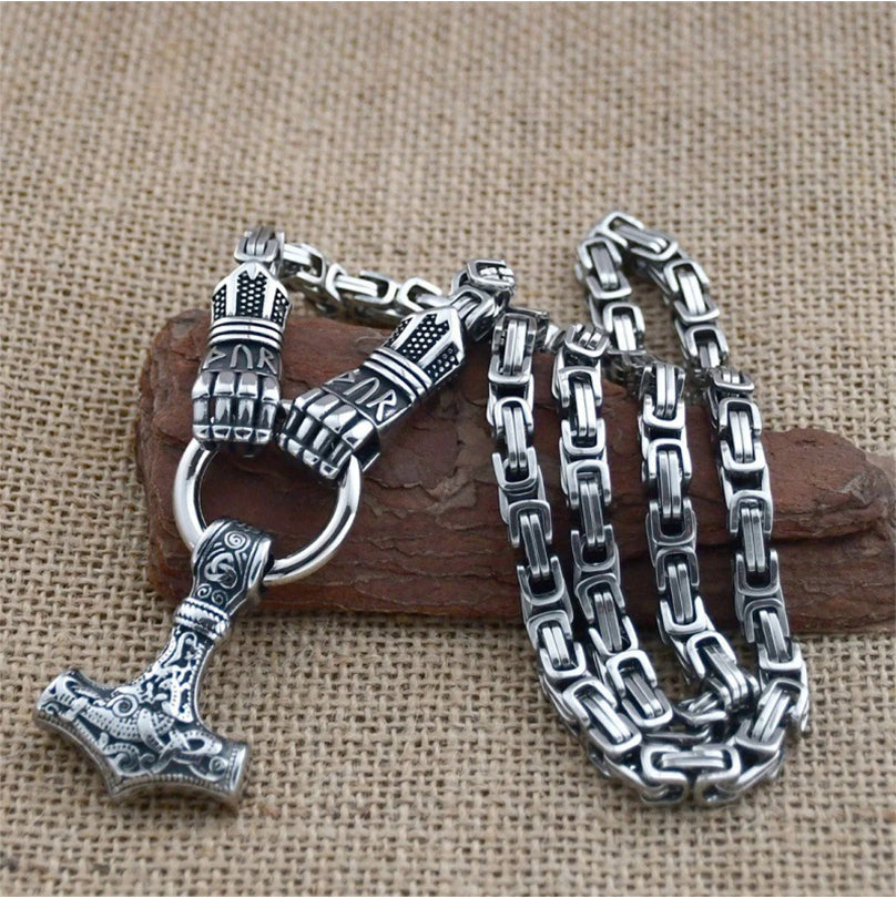 🎉 2026 Sale — Over 51,000 Sold! ⚡ Viking Thor Hammer Pendant Necklace – Stainless Steel Byzantine Chain 🛡️