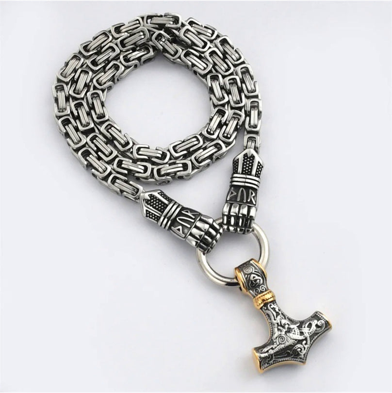 🎉 2026 Sale — Over 51,000 Sold! ⚡ Viking Thor Hammer Pendant Necklace – Stainless Steel Byzantine Chain 🛡️