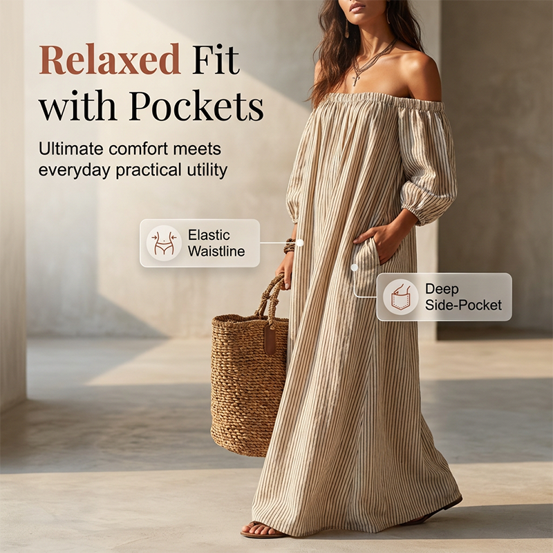 🎉 LIMITED TIME 50% OFF! 👗 Women's Off-Shoulder Maxi Dress – Lantern Sleeves, Relaxed Fit & Side Pockets 🌸