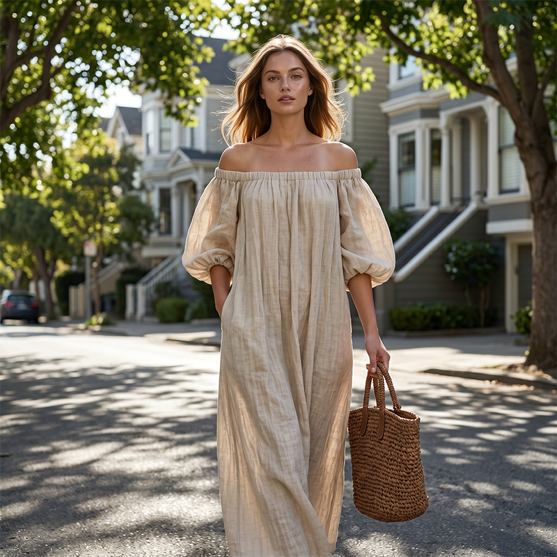 🎉 LIMITED TIME 50% OFF! 👗 Women's Off-Shoulder Maxi Dress – Lantern Sleeves, Relaxed Fit & Side Pockets 🌸