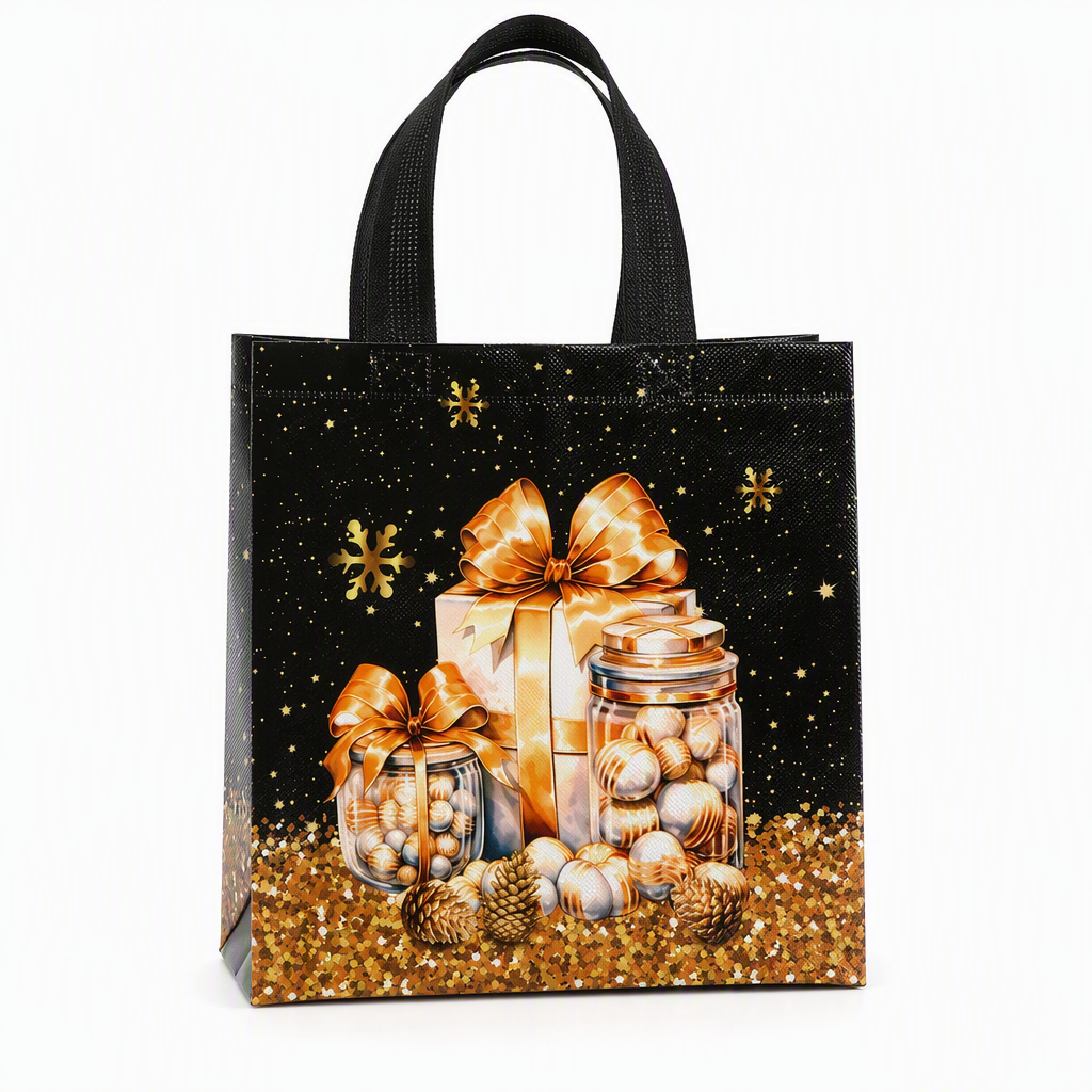 🎄 LIMITED‑TIME 50% OFF! ✨ Black Christmas Non Woven Gift Tote Bag – Gold Foil, Reusable, Sturdy Handles 🎁