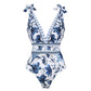 💥 Special Sale 49% OFF💥 V Neck Lace Up Printed One Piece Swimsuit and Skirt