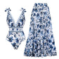💥 Special Sale 49% OFF💥 V Neck Lace Up Printed One Piece Swimsuit and Skirt